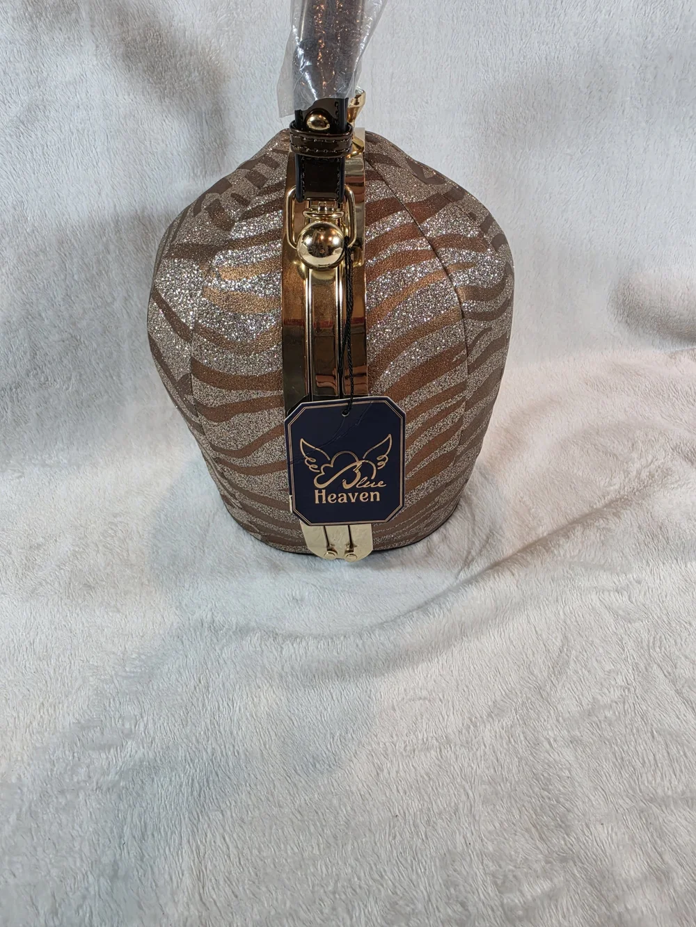 Blue Heaven Womens Zebra Glitter Round Evening Handbag Purse NWT Gold Tone